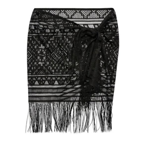 Black Sheer Lace Fringe Swim Cover-Up Sarong Womens One Size - Picture 10 of 10